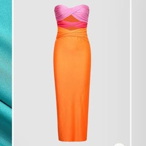Micas Yellow Pink Contrast Strapless Maxi Dress